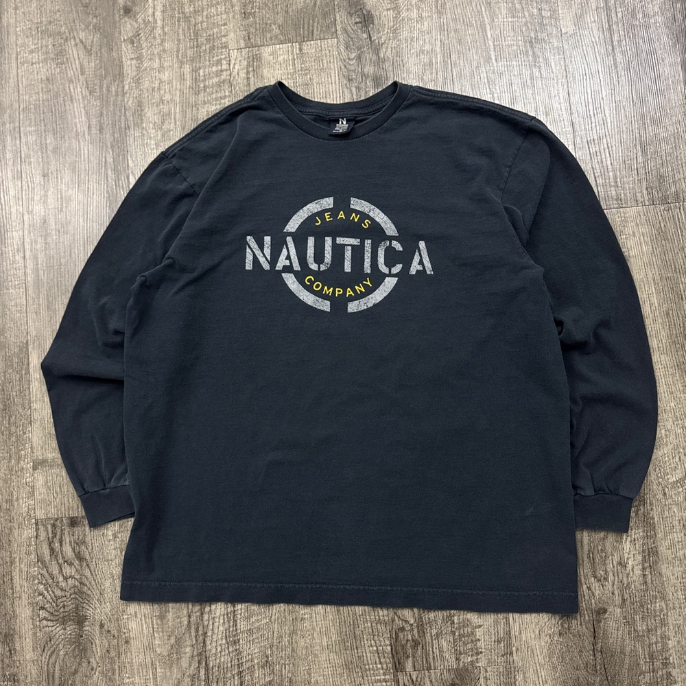 Vintage Nautica Jeans Graphic Long Sleeve T Shirt Made in USA Faded Black